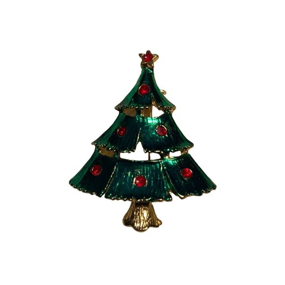Christmas Tree Pin with Red Rhinestones Tree Decorations gold tone - Picture 8 of 9